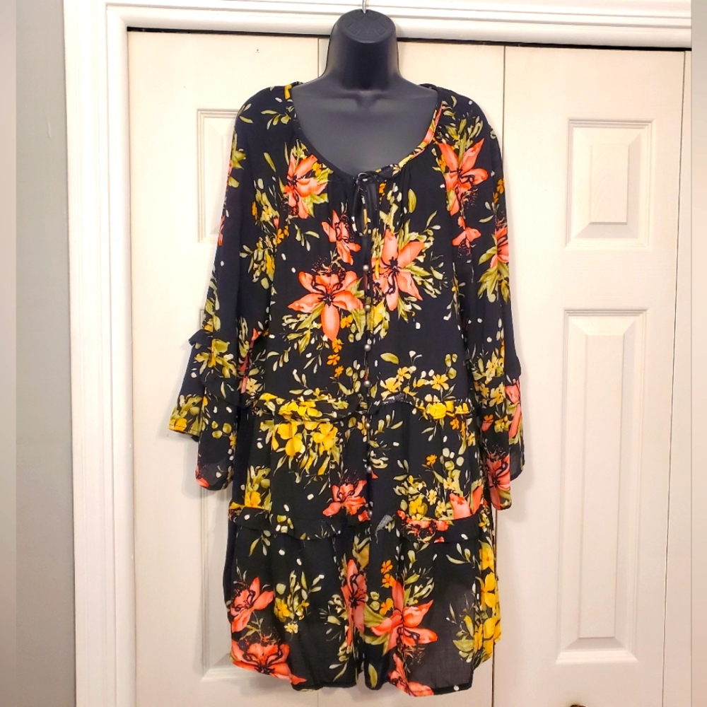 Rachel Zoe Black Dress Floral Tunic L